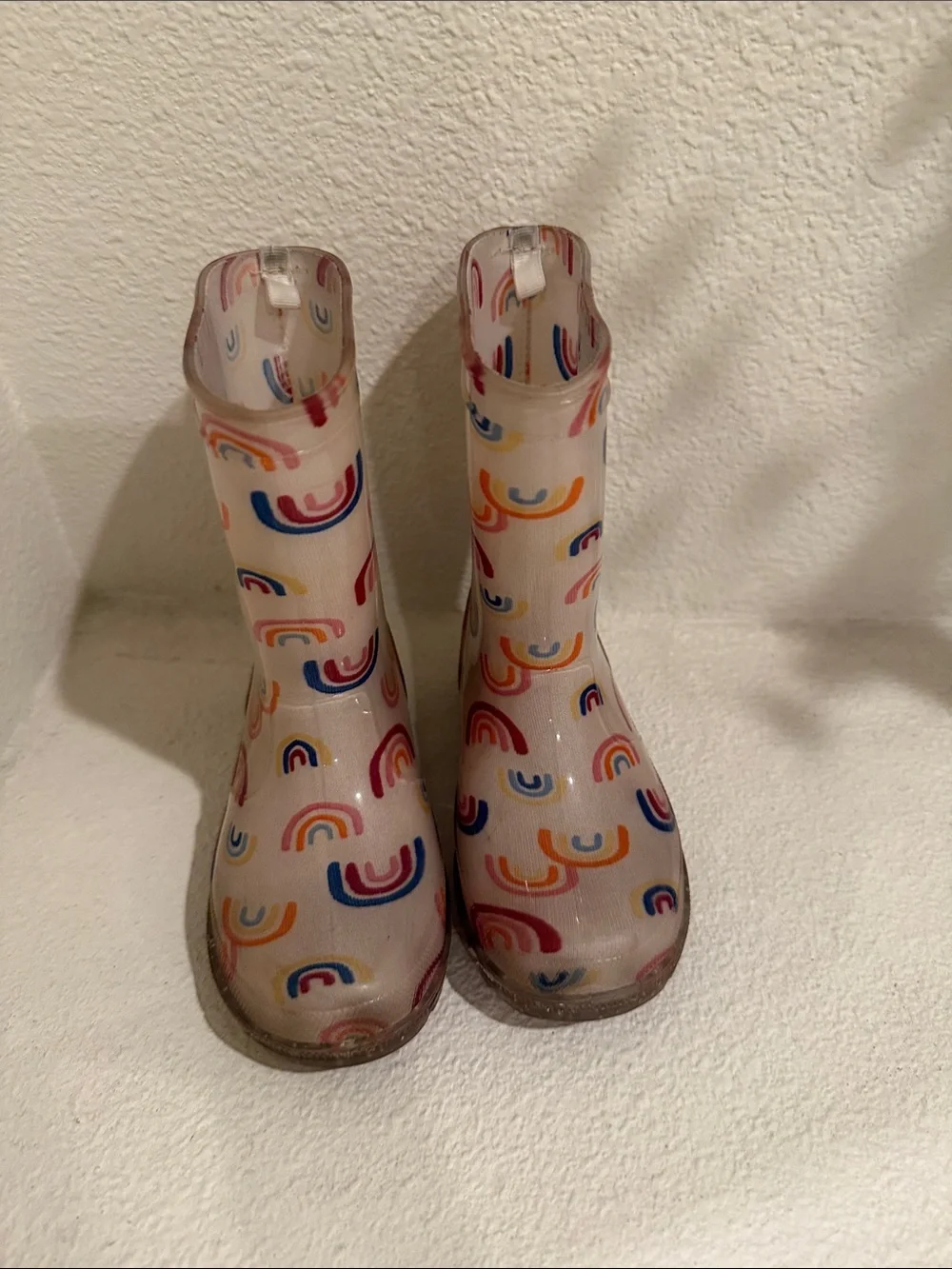 Kids Clear Pink Rain Boots with Rainbow Motif